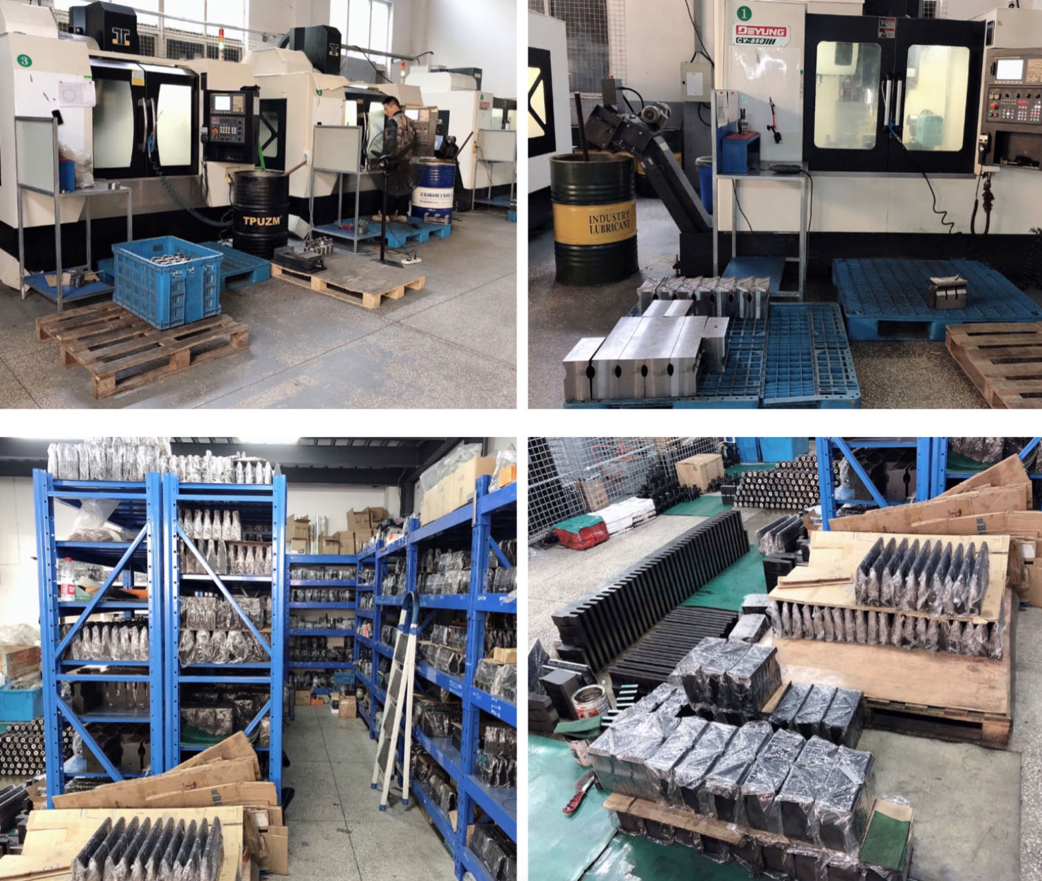 CNC machining centres, horn production and finished-goods warehousing in the INTOP workshop