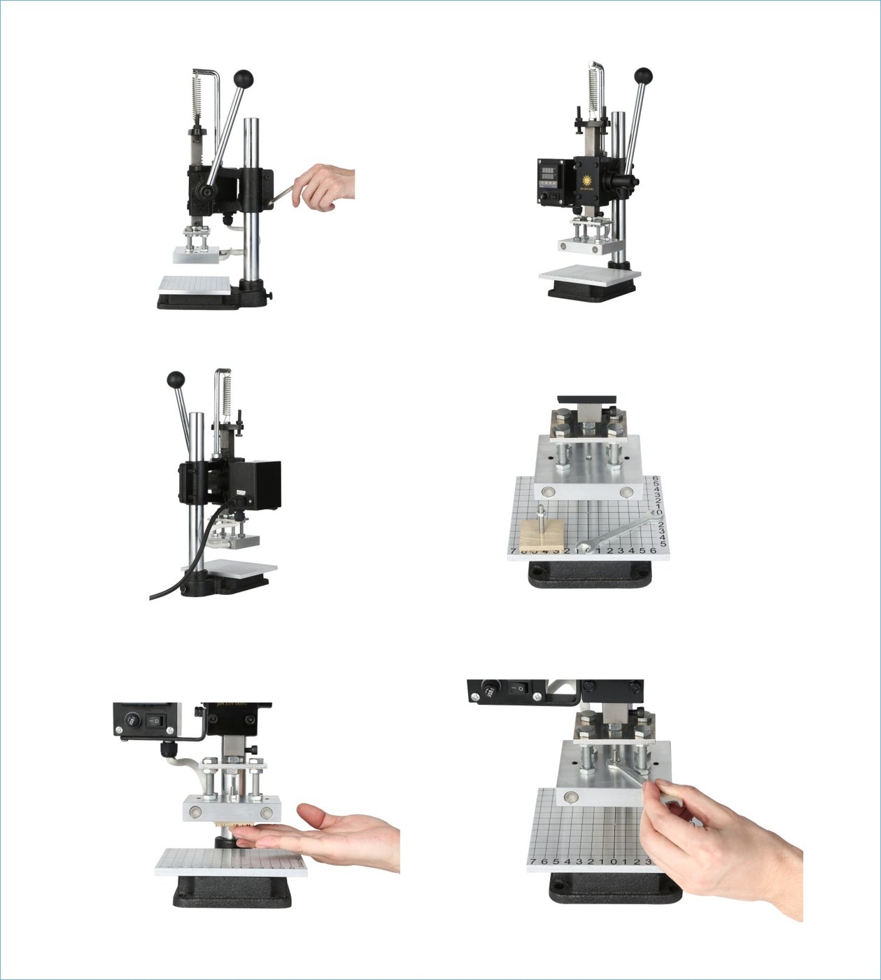 Hot stamping press shown from the front and in detail