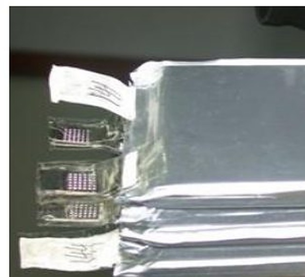 Aluminium tabs ultrasonically welded onto a stack of thin foils on a pouch cell